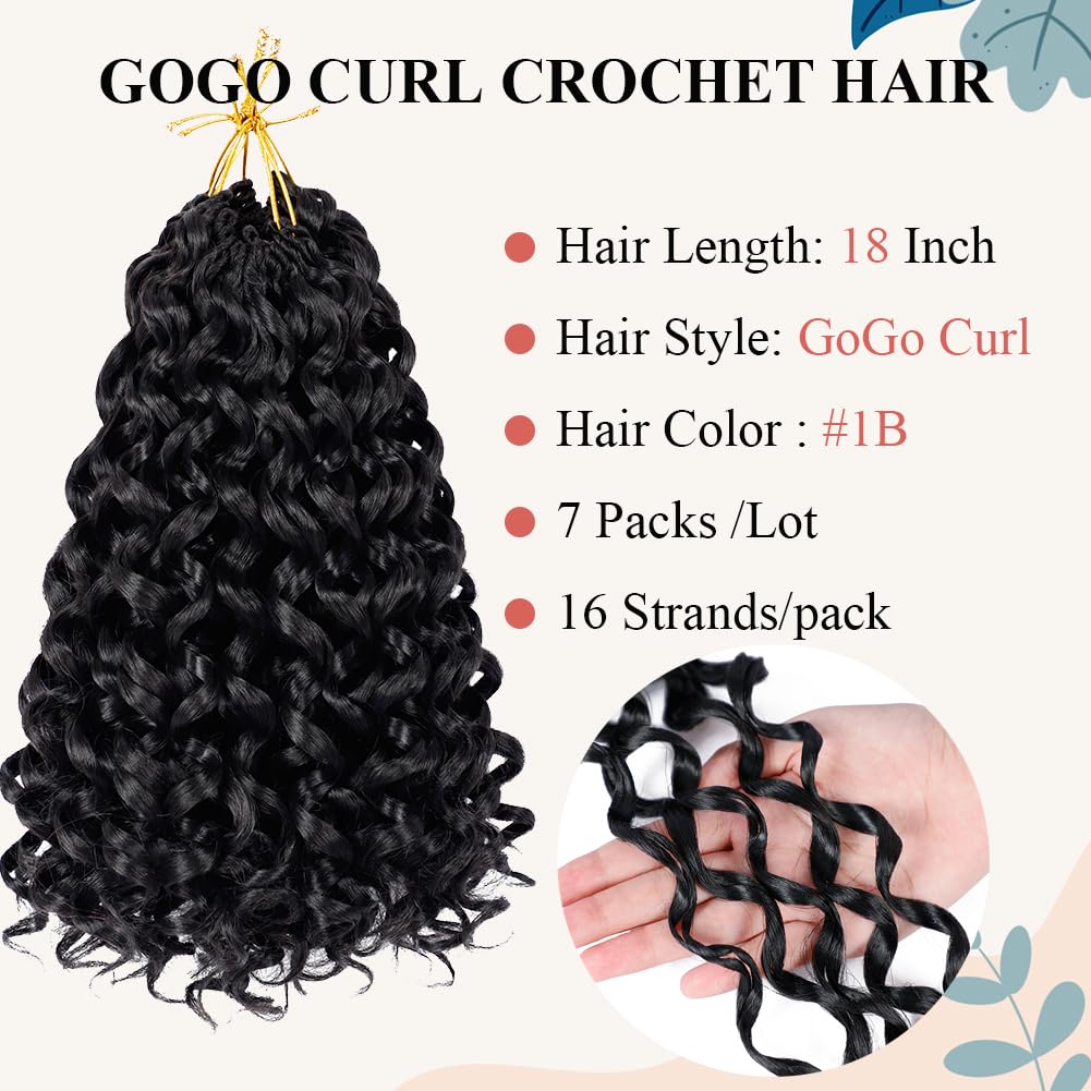 Curly Crochet Hair 18 Inch GoGo Curl Crochet Hair for Women Short Beach Curl Water Wave Crochet Braids for Women 7 Packs Curly Braiding Hair for Boho Braids (18 Inch, 1B)