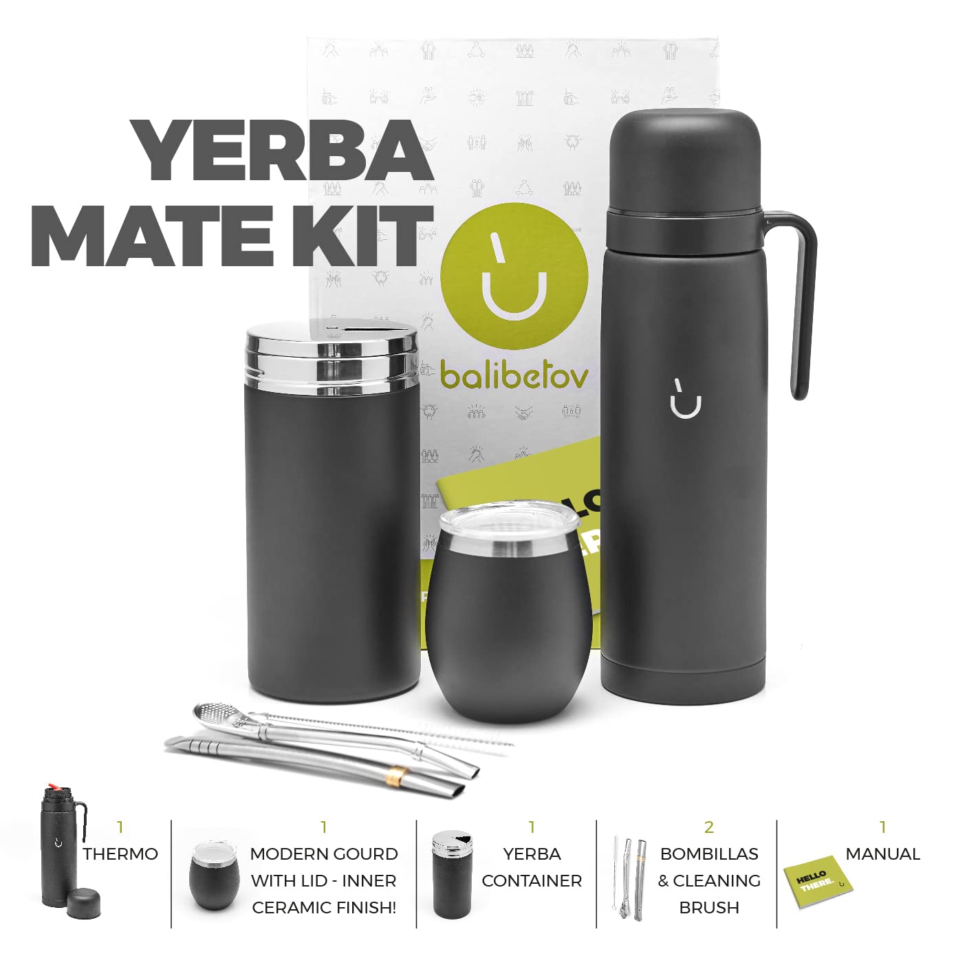 BALIBETOV Set Yerba Mate Completo con Tazza Mate, Thermos, Contenitore Yerba (Yerbero), Bombilla e Spazzola per Pulizia – Kit in Acciaio Inossidabile 304 18/8 a Doppia Parete – Accessori per Mate