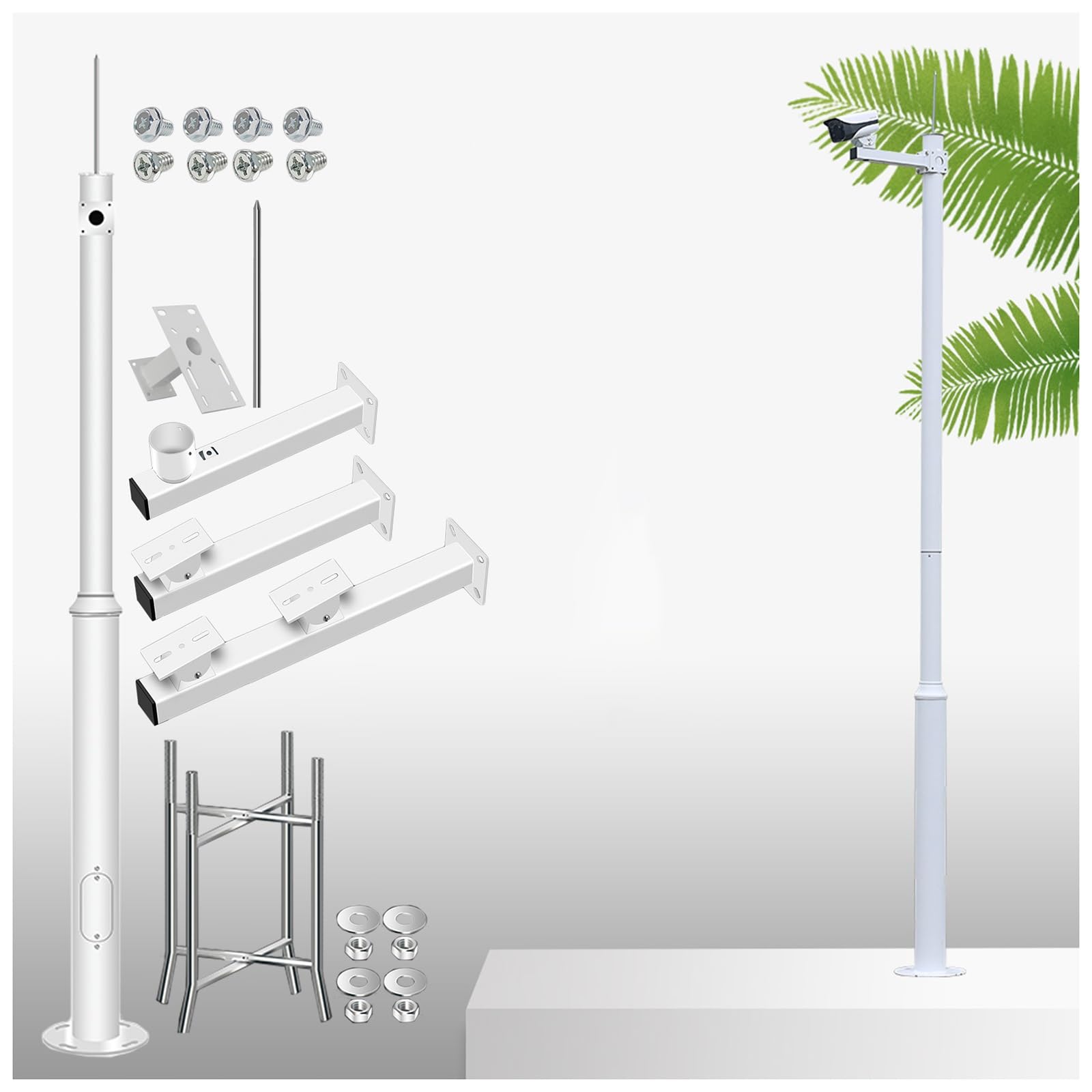 MRVAKDYDI Weatherproof Steel Surveillance Post, Outdoor Security Camera Pole Set With Brackets Rebar Cage Screws, 2-6m, White(3.5m Height)