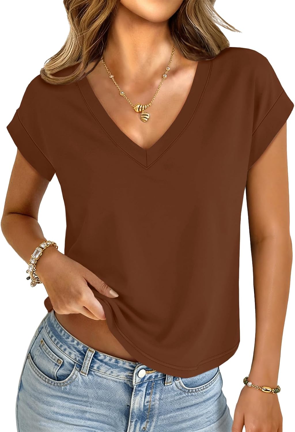 UNCLECAT Womens Crop Tops V Neck Cap Sleeve T Shirts Summer Basic Loose Fit Short Sleeves Tee Cute Trendy Clothes