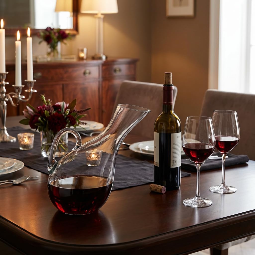 Decanter per Vino Rosso in Cristallo, Bicchiere per Laerazione del vino, Caraffa Vino in Vetro Trasparente, Decantatore Areatore per Rosso di Design Originale Capienza 1,5 Litri