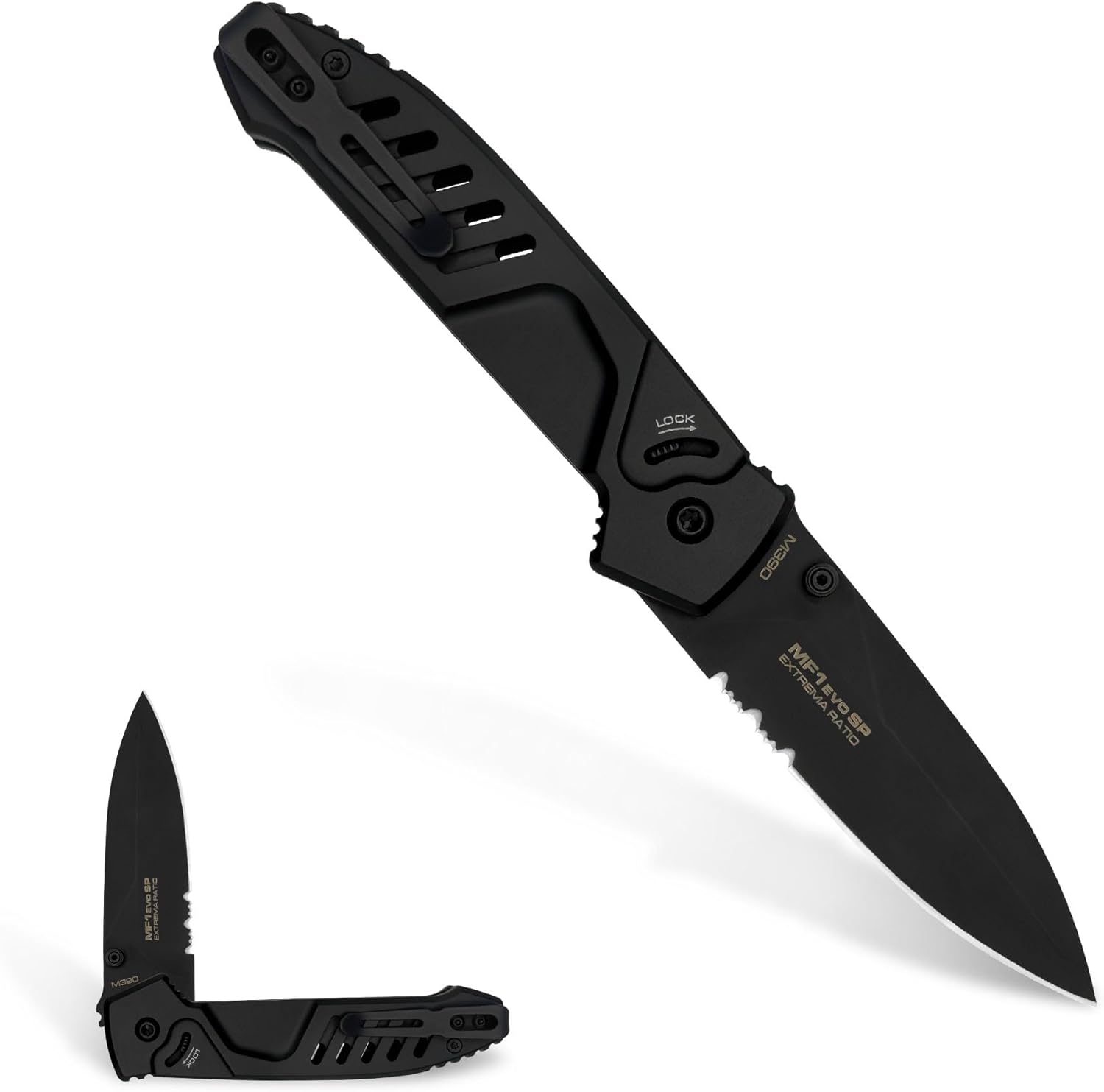 Extrema Ratio - MF1-EVO SP (BLACK), Folding Knife, M390 stainless steel blade hardened to 60 HRC, satin finish, aluminum handle, rear screwdriver, glass breaker, reversible clip, made in Italy