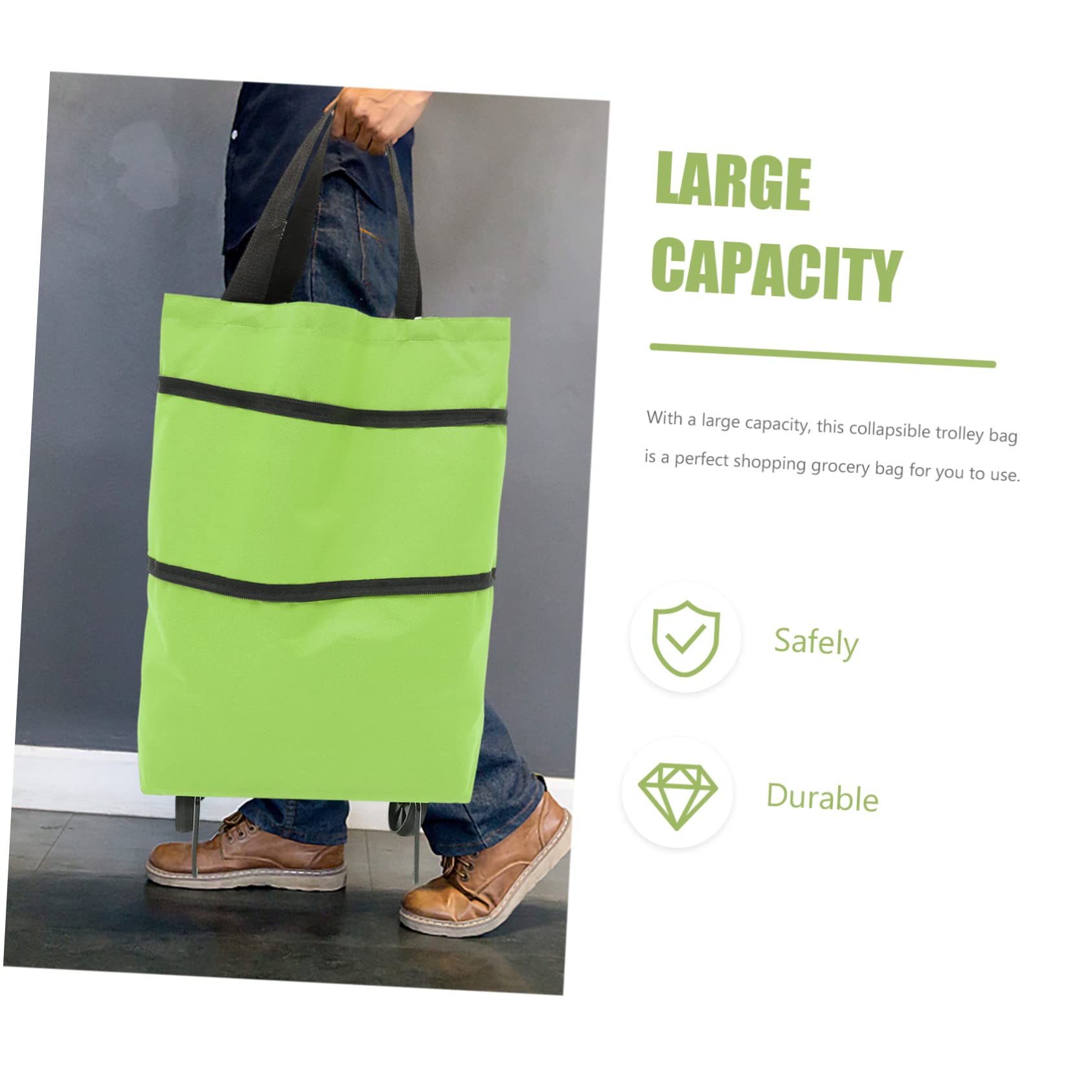 SOESFOUFU Collapsible Trolley Bag with Wheels Large Capacity Folding Grocery Bag for Shopping with Adjustable Handles Convenient Emerald Green - Image 3