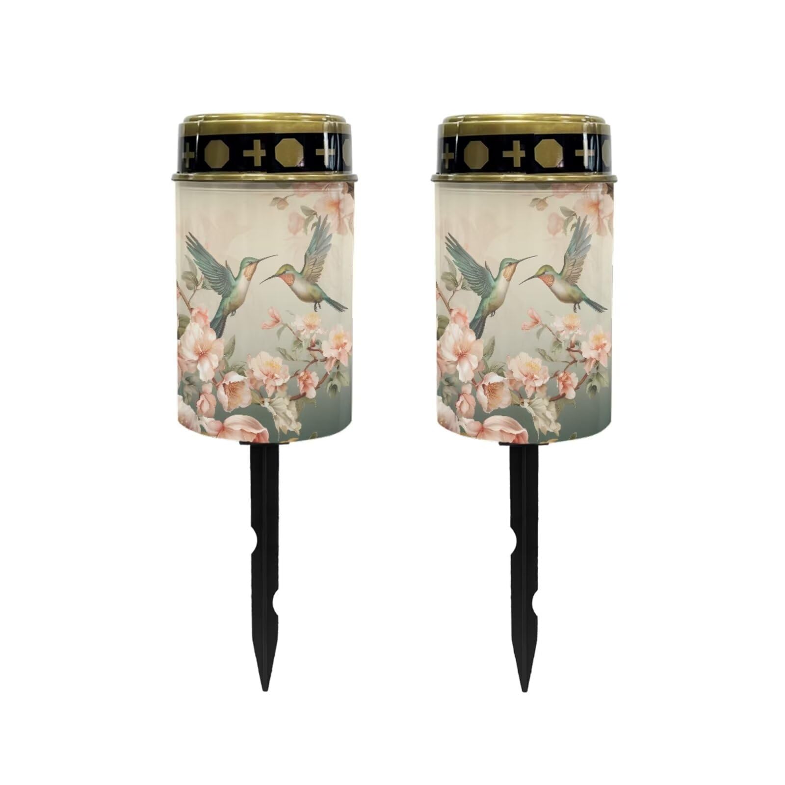 Poceacles Solar Lights - Outdoor Grave Lights for Cemetery Decoration, Hummingbird Flower Beige, Pack of 2