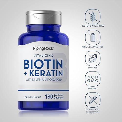 Miniatura 3 de Piping Rock Suplemento de biotina para mujeres y hombres | 5000 mcg | 180 cápsulas | con queratina y ácido alfa lipoico | Sin OMG, sin gluten