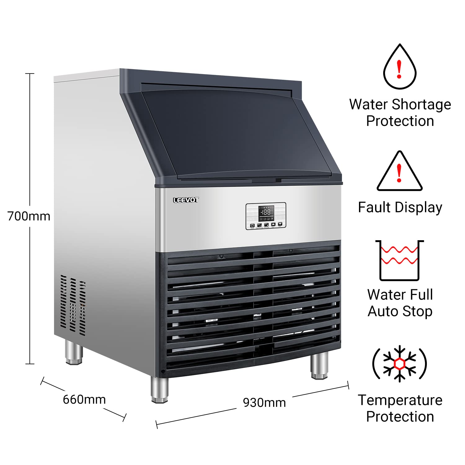 Professionelle Eiswürfelmaschine, 113 kg/24 h, 15 Minuten, Speicherkapazität 42 kg, Edelstahl, 515 W, ideal für Eistkaffee, Bier und Cocktails, Perfekt für Hausbar