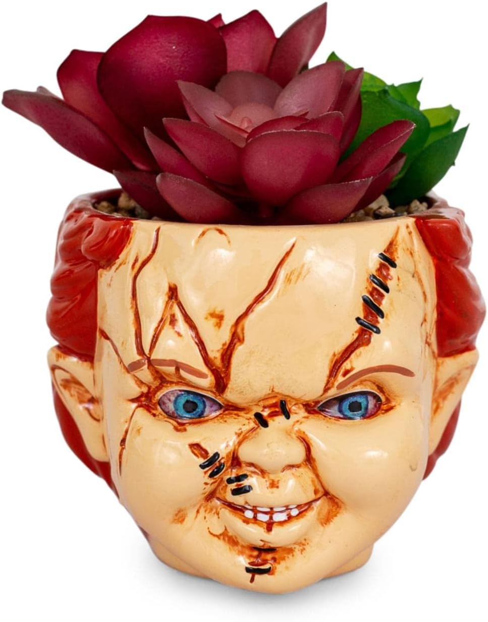 Toynk Child's Play Chucky 3-Inch Ceramic Mini Planter with Artificial Succulent | Small Flower Pot, Faux Indoor Plant for Desk Shelf | Home Decor Accent Trinket Tray | Horror Movie Collectible