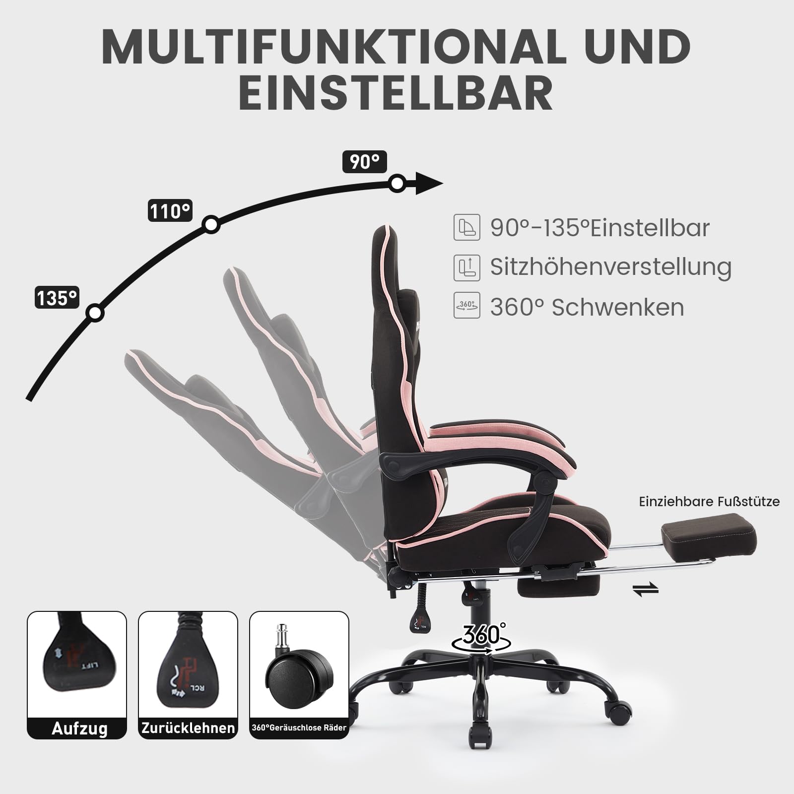 Gaming Stuhl, Racing Gaming Chair mit Fußstütze Ergonomischer Gaming-Stuhl Kopfstütze Verstellbarer Computerstuhl Höhenverstellbar Lendenwirbelstütze für Homeoffice und Gaming Blackpink