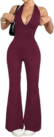 Jumpsuits for Women Halterneck Dressy Sexy V-Neck Sleeveless One Piece Backless Body Yoga Flared Jumpsuits Streetwear
