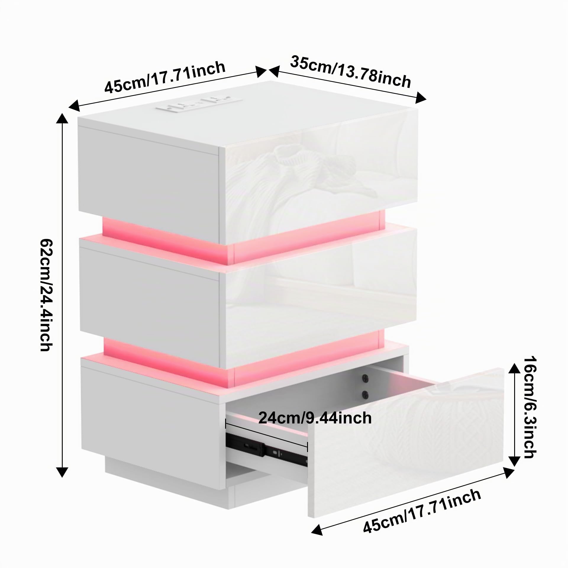 Moderno Comodino Lucido Comodini con striscia luminosa a led Bianco Comò Comodino con presa Tavolino con 3 cassetti per camera da letto, soggiorno