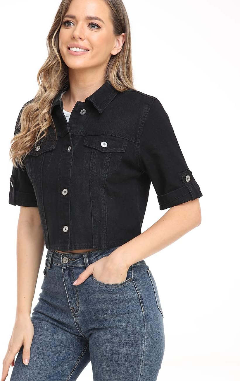 Dilgul Women's Denim Jacket Button Down Short Sleeve Cropped Jean Jacket Coat - Image 3