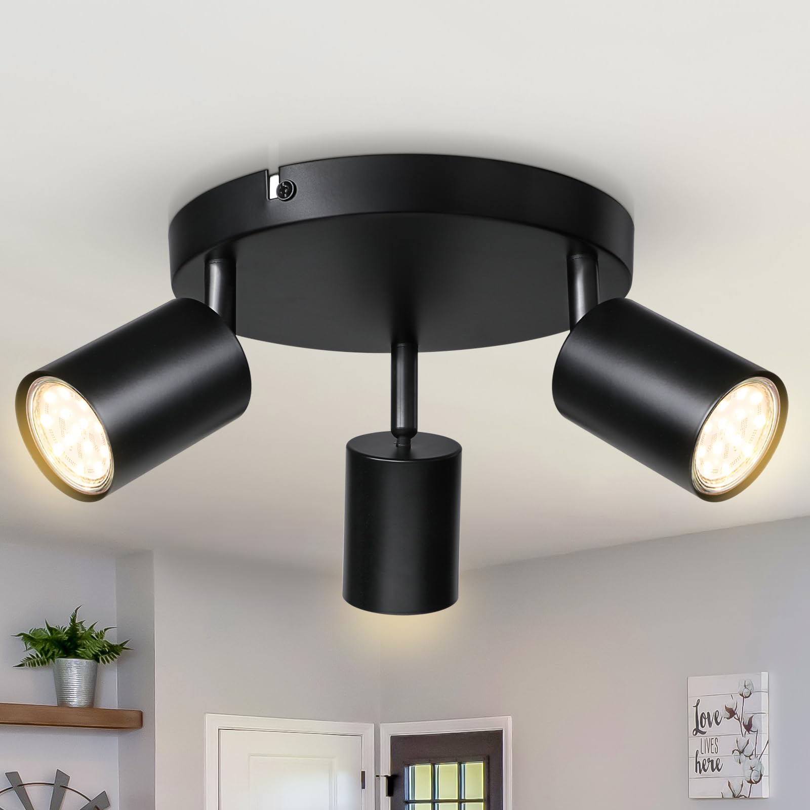Smanu Deckenstrahler 3 Flammig Schwenkbar,Deckenleuchte GU10 Deckenlampe Wandstrahler Drehbar,Schwarz Spotlight Lampe Deckenspots für Wohnzimmer Schlafzimmer Küchen (Ohne Leuchtmittel)