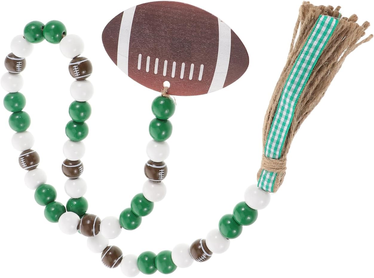 HOMSFOU Rugby Tag Wooden Bead Tassel Garland - 32.28 Inch Football Party Décor, Multi-Color Rustic Hanging Ornament for Home Decor and DIY Crafts