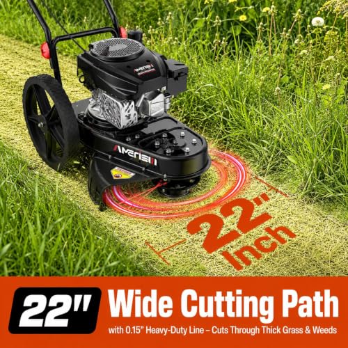 Image of AMERISUN 22 inch Gas Walk Behind String Trimmer with 1.9 inch-4.0 inch Cutting Height | 170cc 4-Cycle Gas Wheeled Weed Trimmer, 14 inch High Wheels, Foldable Handle, for Tall Grass, Brush and Overgrown Areas