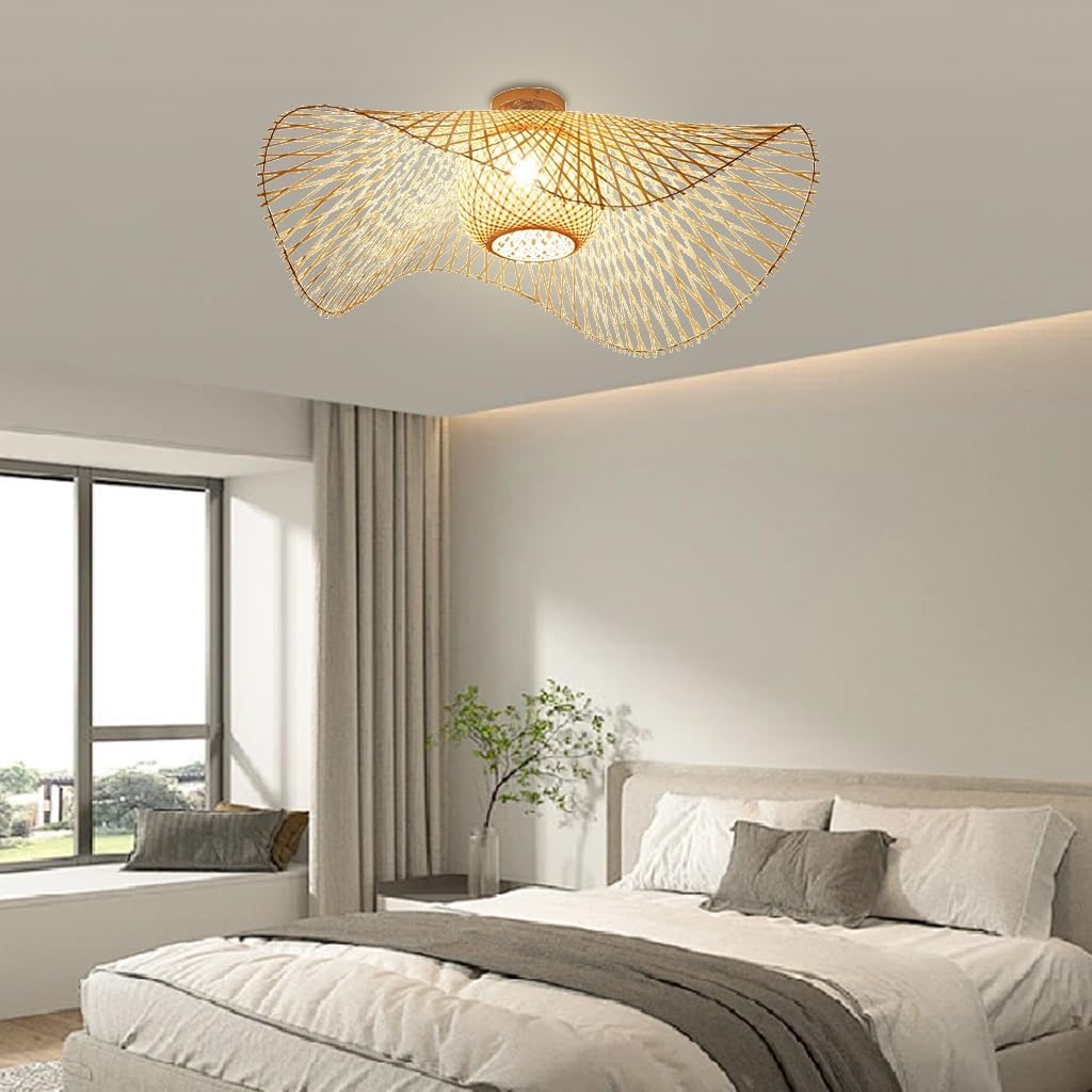 Deckenleuchte Bambus E27 Deckenlampe Boho Style Retro Natürliche Gewebte Lampenschirm Rattan Schlafzimmer Lampe Restaurant Licht Landbeleuchtung Esszimmer Hängeleuchten Wohnzimmer Beleuchtung(75
