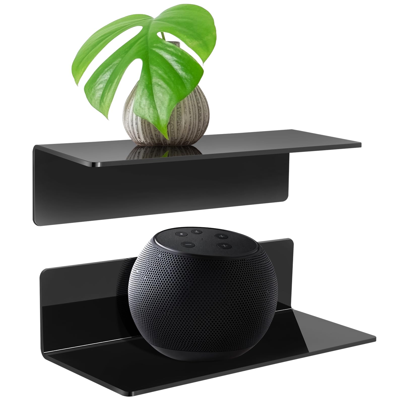 MAGOSIS Floating Shelves for Wall, Stick On Black Shelves, No Drill Self Adhesive Acrylic Shelves to Expand Wall Space, Mini Shelf for Smart Devices, Figures & Ornaments – Set of 2 (23 × 10 cm)
