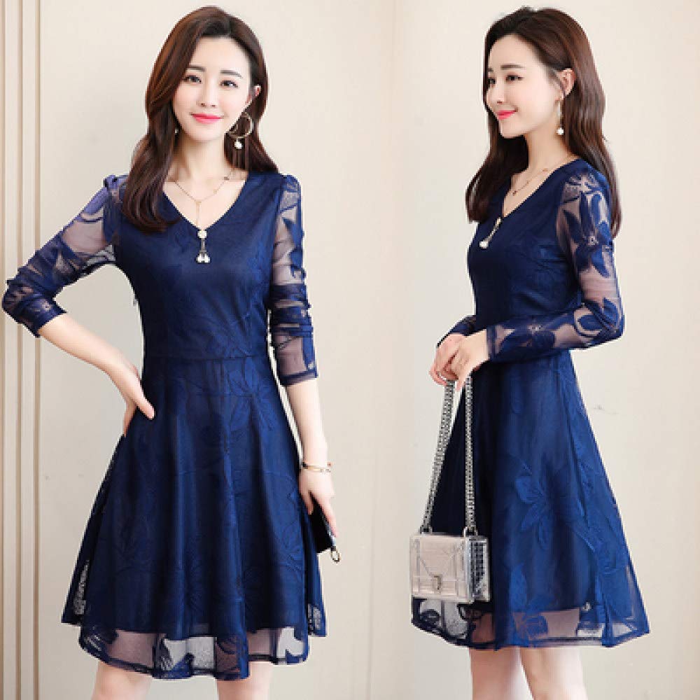 BOOSSONGKANG dress Fashion Lace Dress Women Summer Western V-neck Zipper Hollow Gauze Design Over-the-Knee Casual Solid color Lace Dres
