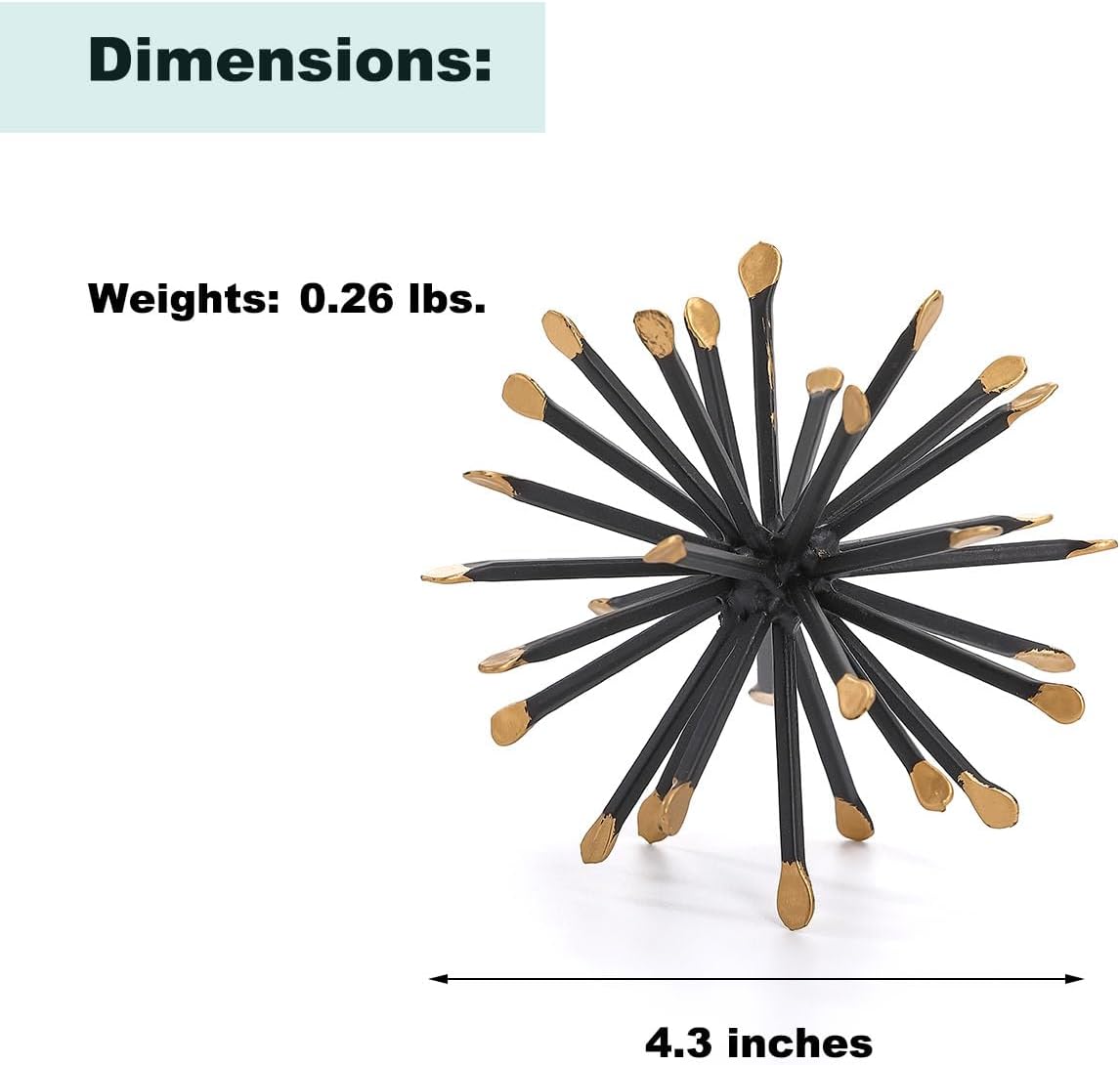 Black & Gold Sphere Decor, Metal Starburst Table Shelf Decor, Geometric Decorative Objects for Shelves, 3D Spike Decor Sculpture Home Decor Accents, 4.3”