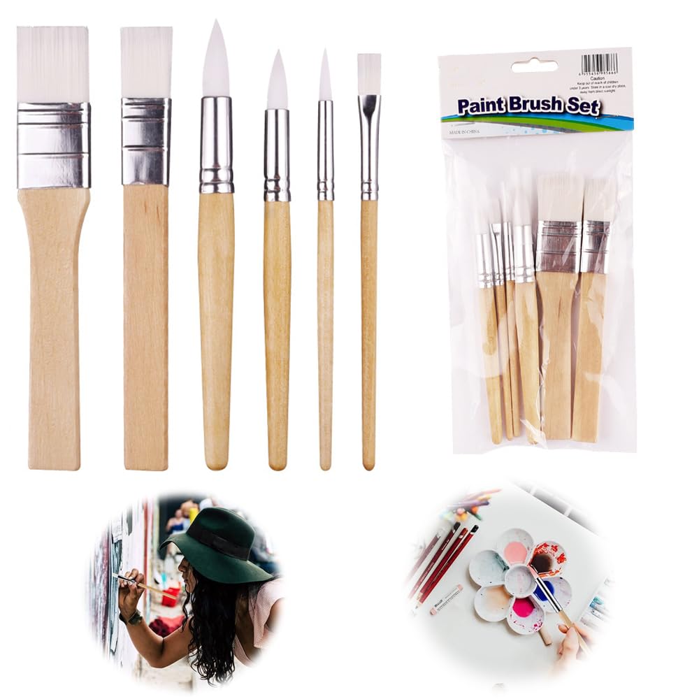 Azonee Paint Brush Set, 6 Pcs Nylon Paint Brushes, White Nylon Brushe Short Stick Oil Painting Brush Set, Log Stick Art Student Painting Brush, Acrylic Brush, for Card Making DIY Art Crafts Project