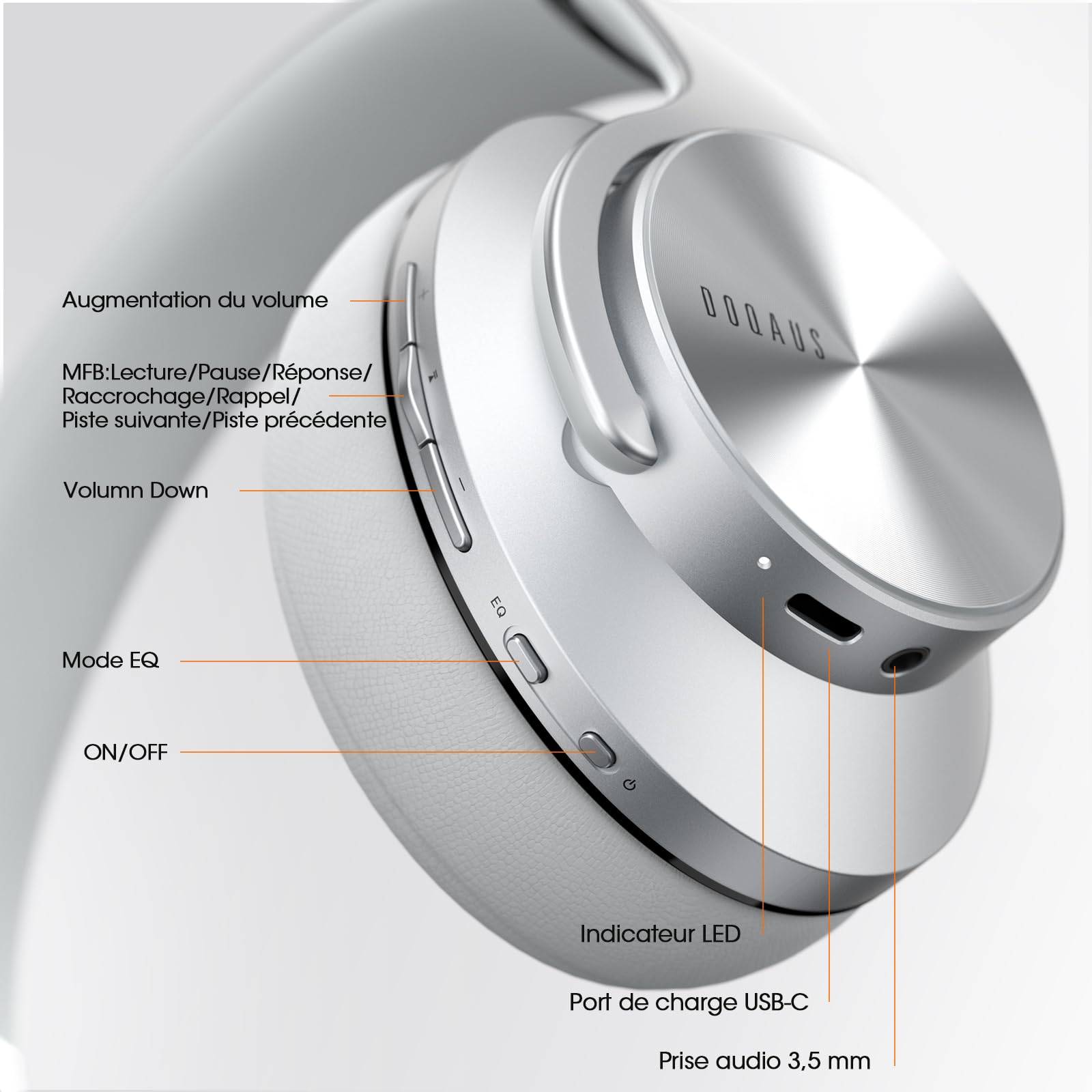 DOQAUS Casque Bluetooth sans fil avec Application,Argenté
