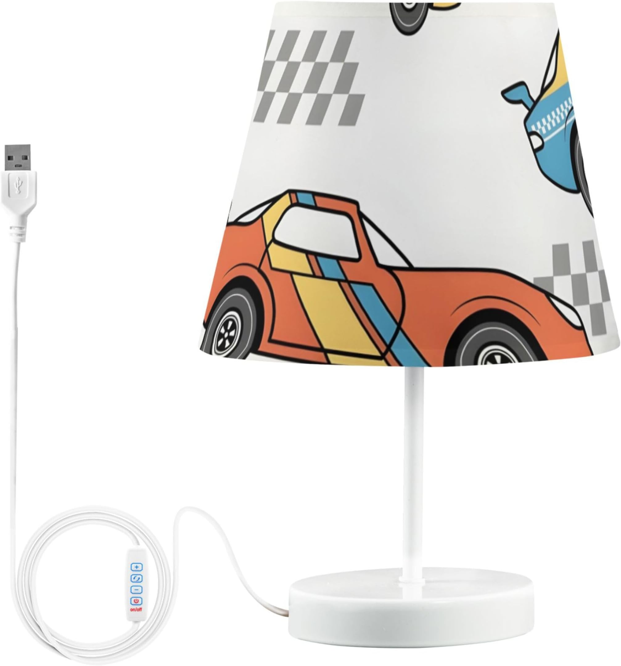 Custom Retro Racing Cars White Side Table Lamp Cute Led Nightstand Light Bedside USB Rechargeable Decorative Kids Lamps for Bedroom