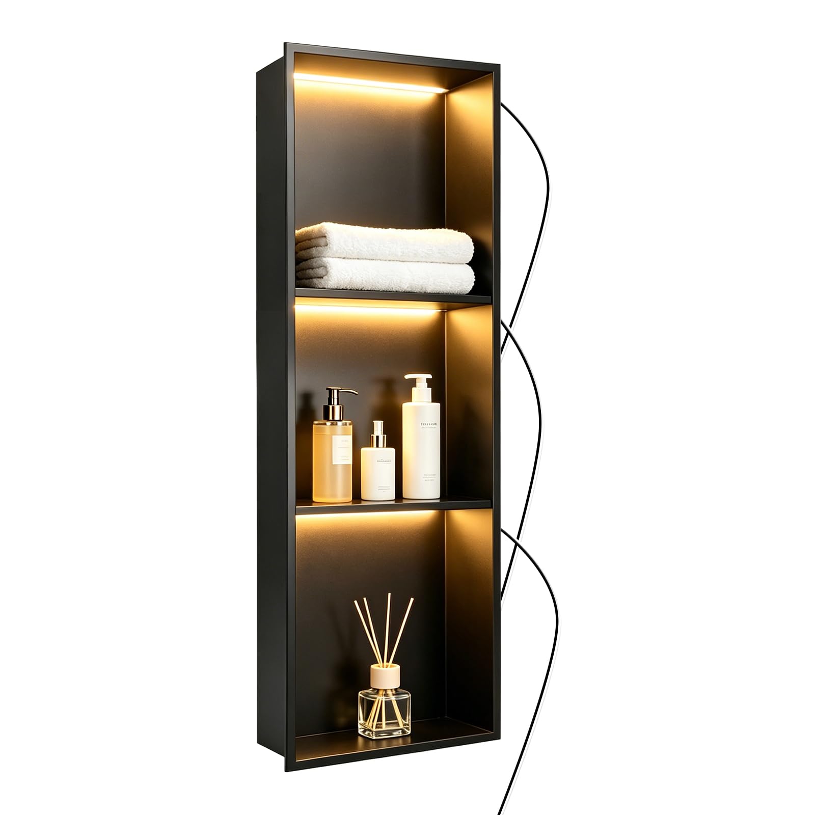 Dwlhap Shower Niche with LED Light, 900 x 300 x 100 mm Stainless Steel Wall Insert, Recessed LED Shower Shelf Waterproof Bathroom Storage Black