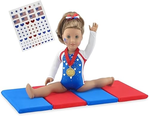 Emily Rose Conjunto de 5 piezas de gimnasia para muñeca de 18 pulgadas, leotardo atlético de gimnasta, medalla, lazo para el pelo, tapete y