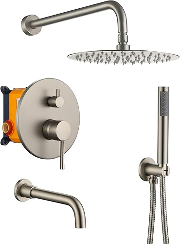 Clihome Juego de sistema de ducha de 10 pulgadas con boquilla de bañera, sistema de cabezal de ducha con cabezal de ducha de mano, cabezal de ducha