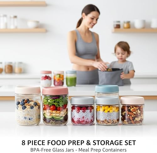 Miniatura 9 de Paquete de 8 recipientes de avena durante la noche con tapas, tarros de vidrio apilables con tapas herméticas, almacenamiento de alimentos de boca