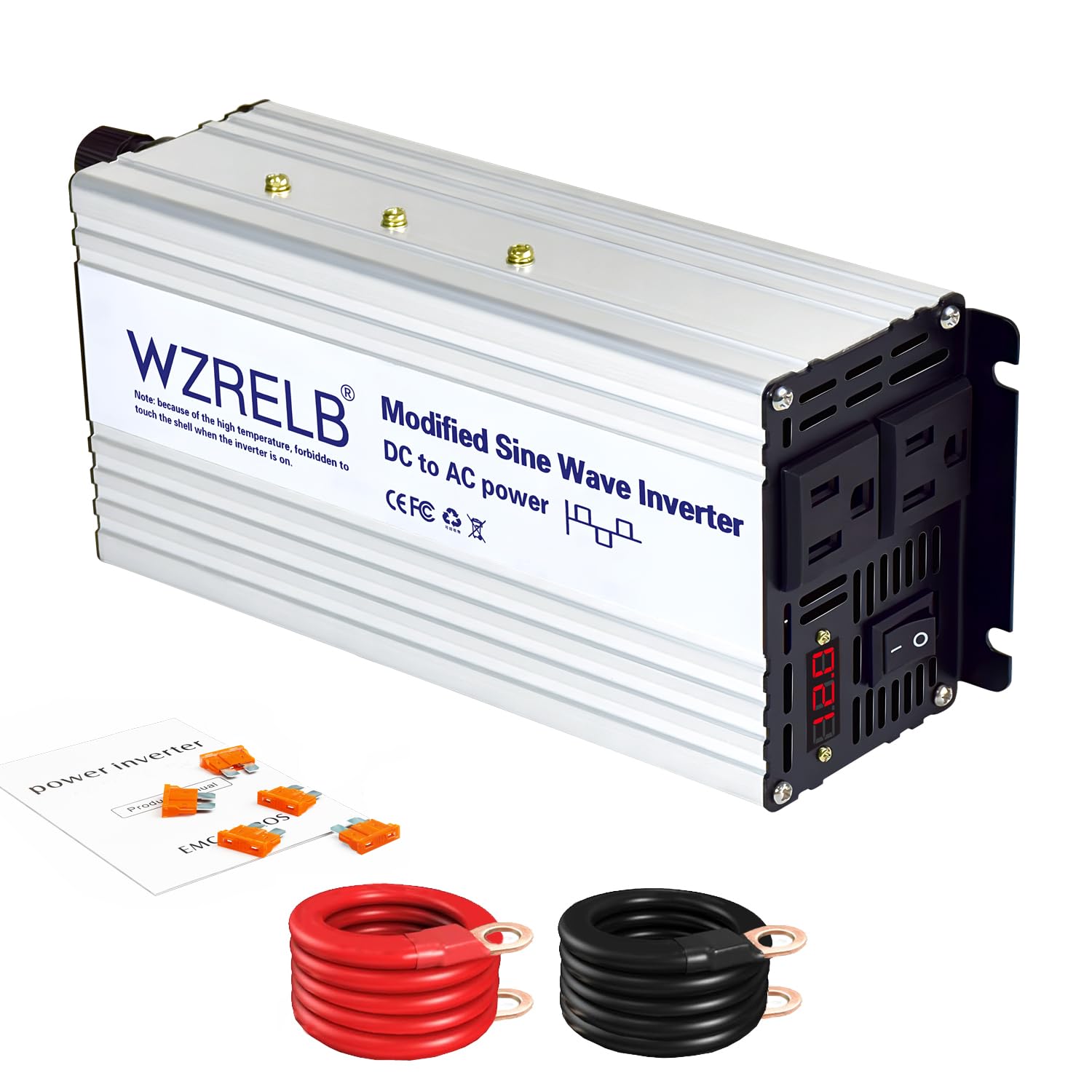 WZRELB 1200W Power Inverter 12V DC to 110V 120V AC 2400W Peak Modified Sine Wave with LED Display Dual AC Outlets Soft Starter Power Converter Outside-image-36