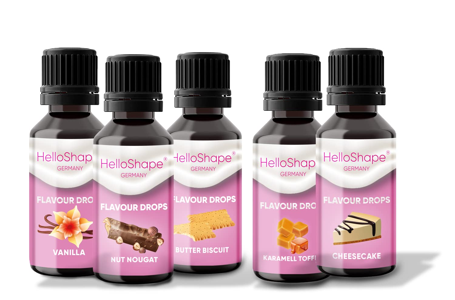 Hello Shape Flavour Drops zuckerfrei Mix-Box (Set, 5x 30ml) Geschmacks Tropfen OHNE KALORIEN - 5 tolle Geschmackssorten im Vorteilspack | vegan | Für Naturjoghurt, Porridge oder Quark