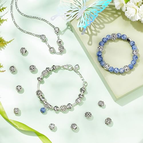 Miniatura 4 de PH PandaHall 72 cuentas espaciadoras plateadas para la fabricación de joyas, 12 estilos de cuentas de agujero grande, cuentas europeas huecas