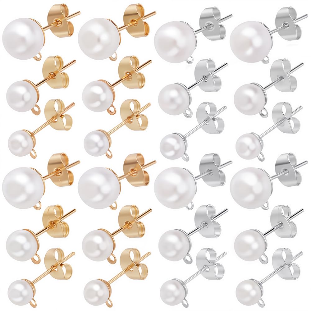 SOFPLATE 1 Box 120Pcs Pearl Earring Posts Hypoallergenic Pearl Earring Posts Stainless Steel with Imitation Beads and Loop Butterfly Back Silver Ear Studs for Jewelry Making Supplies DIY Crafts