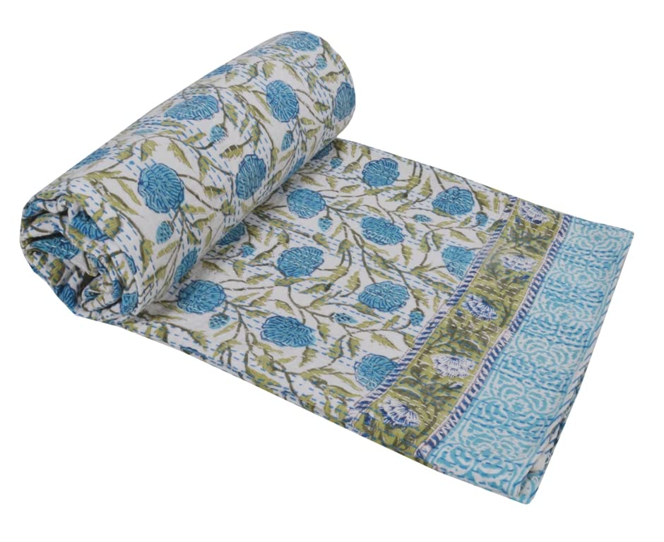 V Vedant Designs Indian Handmade Floral Cotton Pattern Kantha Bedspread, Kantha Quilt, BedCover, Blanket Throw Perfect for Gifting Kantha Gudari (Blue02, Queen)
