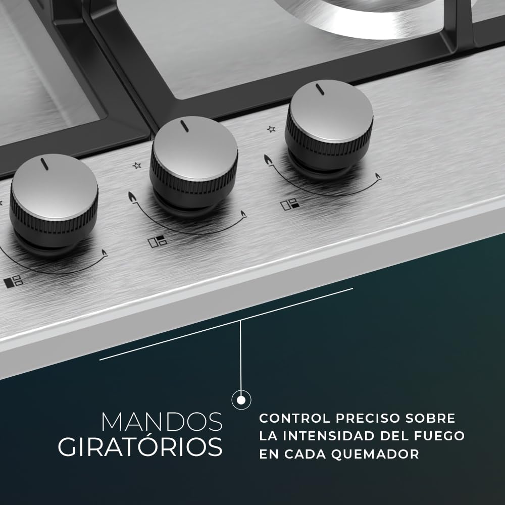 Svan Encimera de Gas Inox SGW3600X. Potencia máx. 6750 kW, 3 Quemadores, Quemador Wok Triple Llama, con Ignición Automática, Parrillas Forjadas, Incluye Kit de Conversión Gas Natural