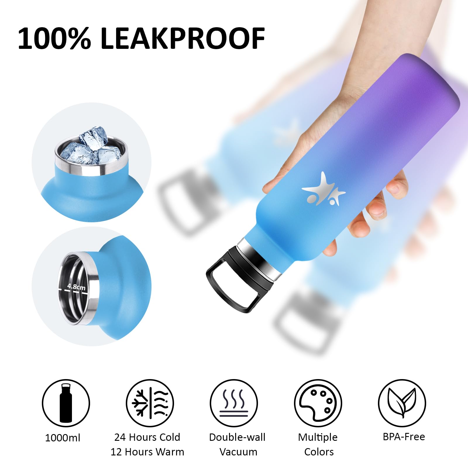 Borraccia 750 ml, Borraccia Termica Senza BPA, Borracia con Cannuccia, Senza Perdite, Bottiglia Termica, Isolato Sottovuoto, Borracce Termiche per Campeggio, Viaggio, Corsa, Fitness, Palestra