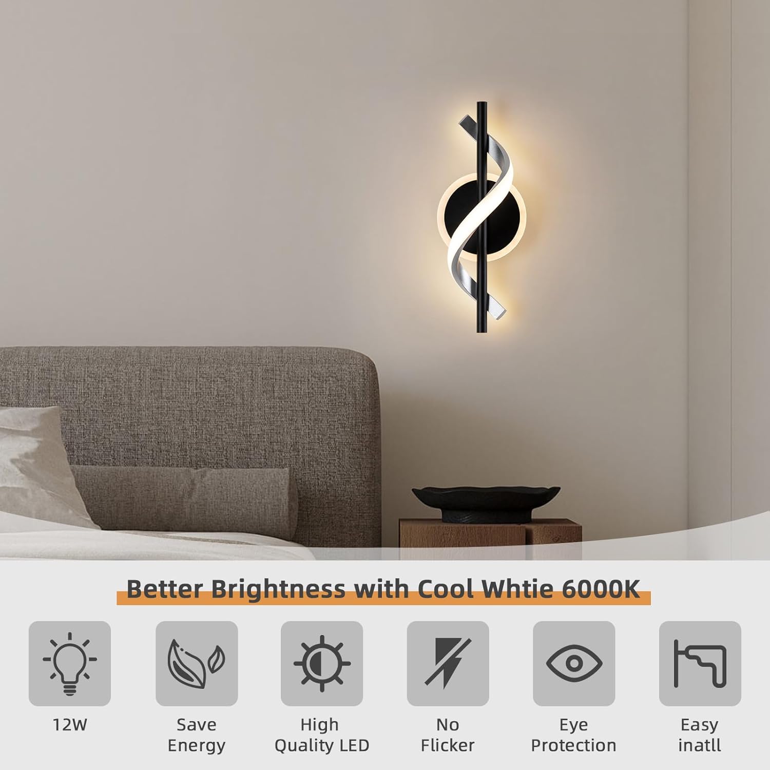 EIDISUNY Black Wall Sconces Sets of 2, 12W Modern Spiral LED Wall Lamp, 3000K Warm White Wall Light Fixture for Stairs Living Room Bedroom Aisle Hallway