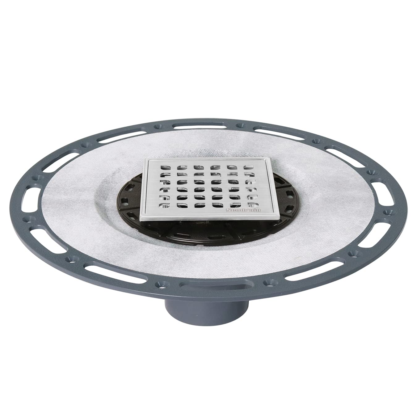 Neodrain Siphon de douche carré de 10,2 cm avec grille amovible, comprend une passoire à cheveux, une bride de liaison avec tissu anti-mèche