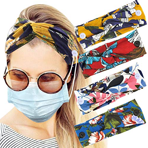 Headbands with Buttons for Mask Nurses Boho Headbands for Women Knotted Turban Head Wraps Bandana Elastic Hair Band 4 Pack Flower
