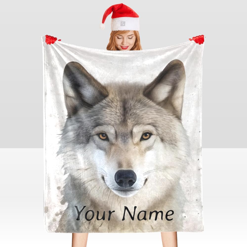 Custom Blanket with Name Text,Personalized Cool Wolf Super Soft Fleece Throw Blanket for Couch Sofa Bed (50 X 60 inches)