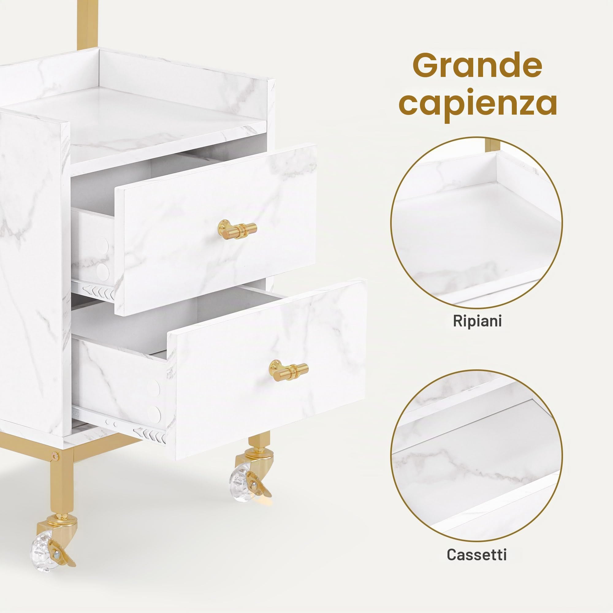 Barberpub Carrello per parrucchieri con ruote e 2 cassetti, carrello di servizio, carrello da salone con 2 ripiani e porta asciugacapelli, carrello da lavoro moderno, 32x37x87cm, 0029