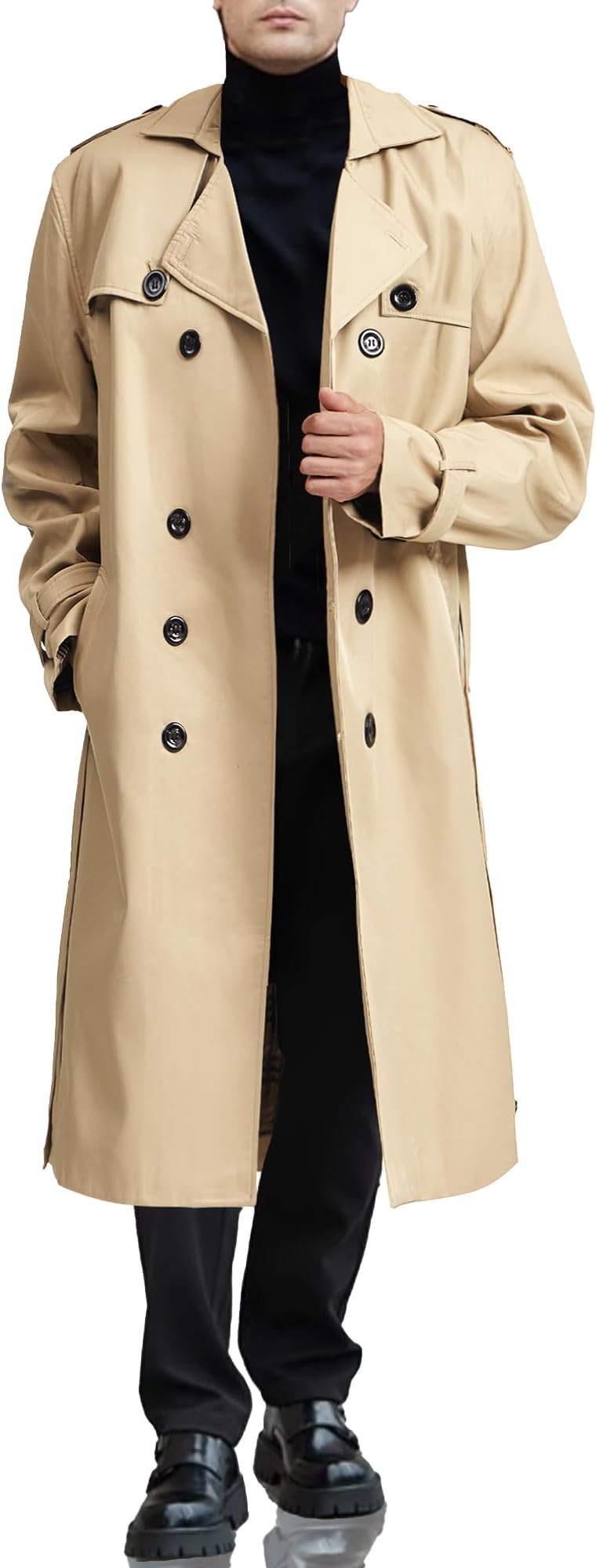 Botten Men's Double-Breasted Trench Coat - Long Jacket Overcoat-Oversized Casual Windbreaker with Lapel-BLACK