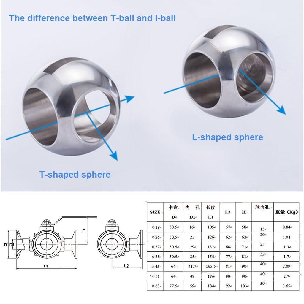 valvola a sfera, valvola a sfera in acciaio inox, Valvola a sfera sanitaria a 3 vie in acciaio inossidabile, porta T porta L 19/25/32/38/45/51mm Ghiera OD 50,5mm 64mm Valvola a sfera for liquidi alime