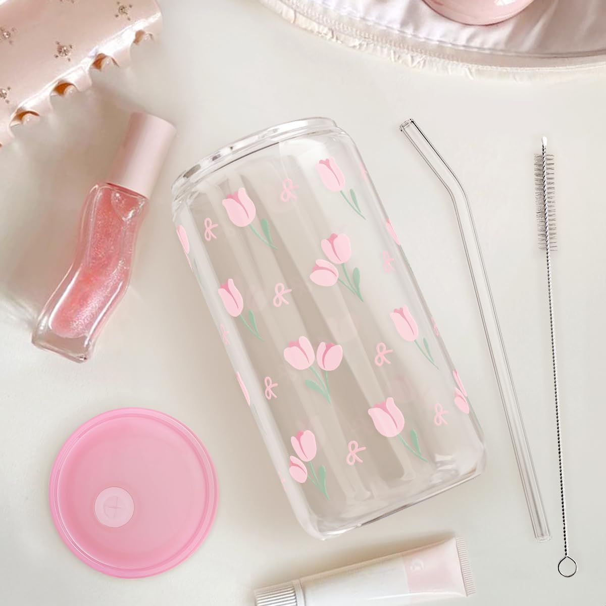 SANDJEST Floral Glass Can, Tulip Iced Coffee Aesthetic Cup, Gift for Christmas Birthday, Gifts for Women Girls, 16oz - Image 7