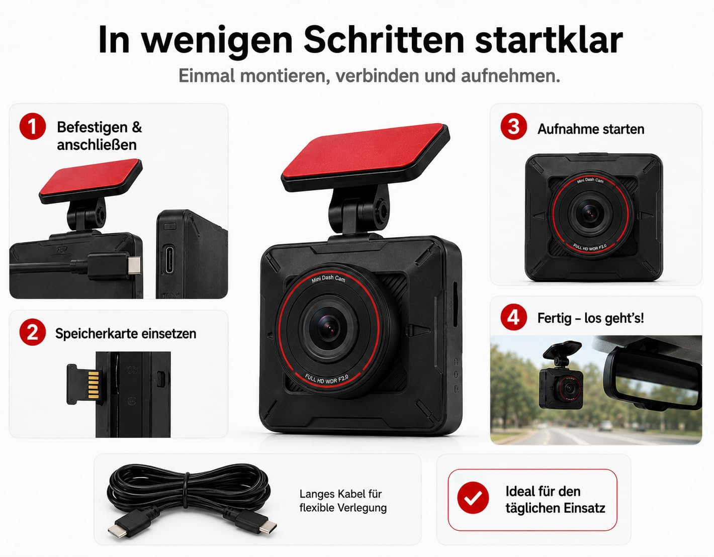 Dashcam Auto Full HD 1080p 30fps – WLAN Autokamera mit G-Sensor, Loop-Aufnahme, 120° Weitwinkel – Mini Dashcam für Auto mit App Steuerung & Nachtsicht – Schwarz