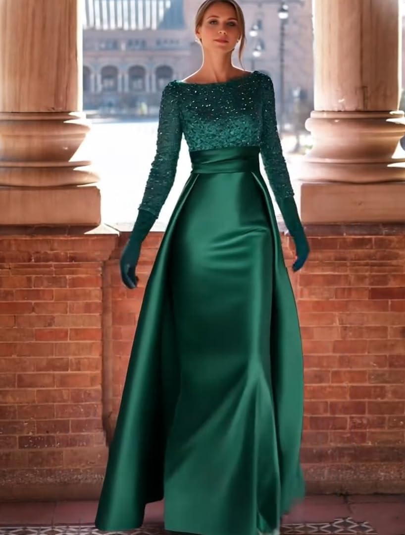 Long Sleeves Prom Dresses for Women 2026 Satin Sequin A Line Sparkly Formal Evening Gowns
