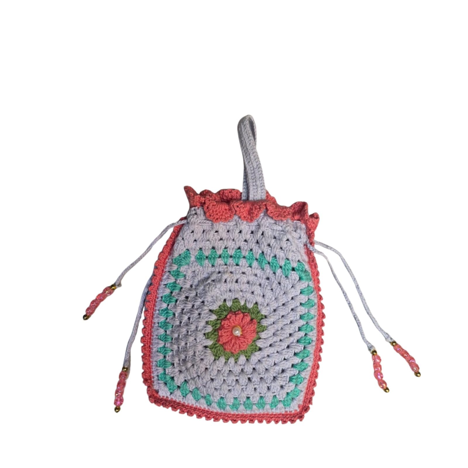 Handmade Crochet Potli Bag, Drawstring Pouch with Floral Design, Grey and Coral-image-21