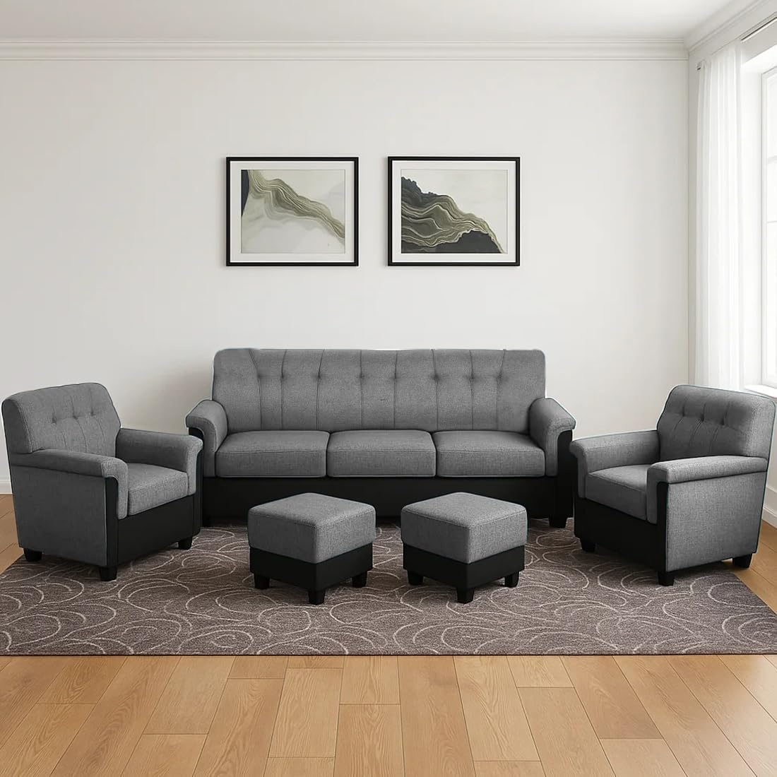 FURNY Woodswave 5 Seater Fabric 3+1+1+2 Puffy Sofa Set for Living Room (Grey-Black Color- Velvet Fabric)