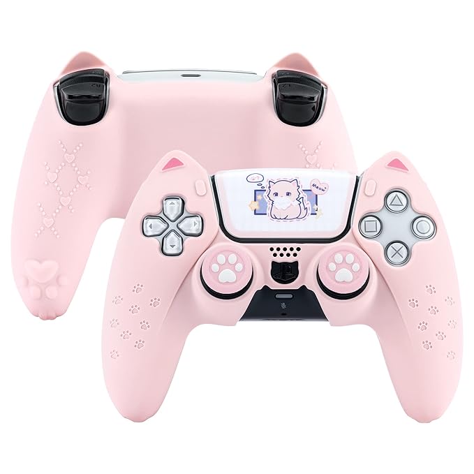 GeekShare Cat Paw PS5 Controller Skin Anti-Slip Silicone Skin Protective Cover Case for Playstation 5 DualSense Wireless Controller (Pink)