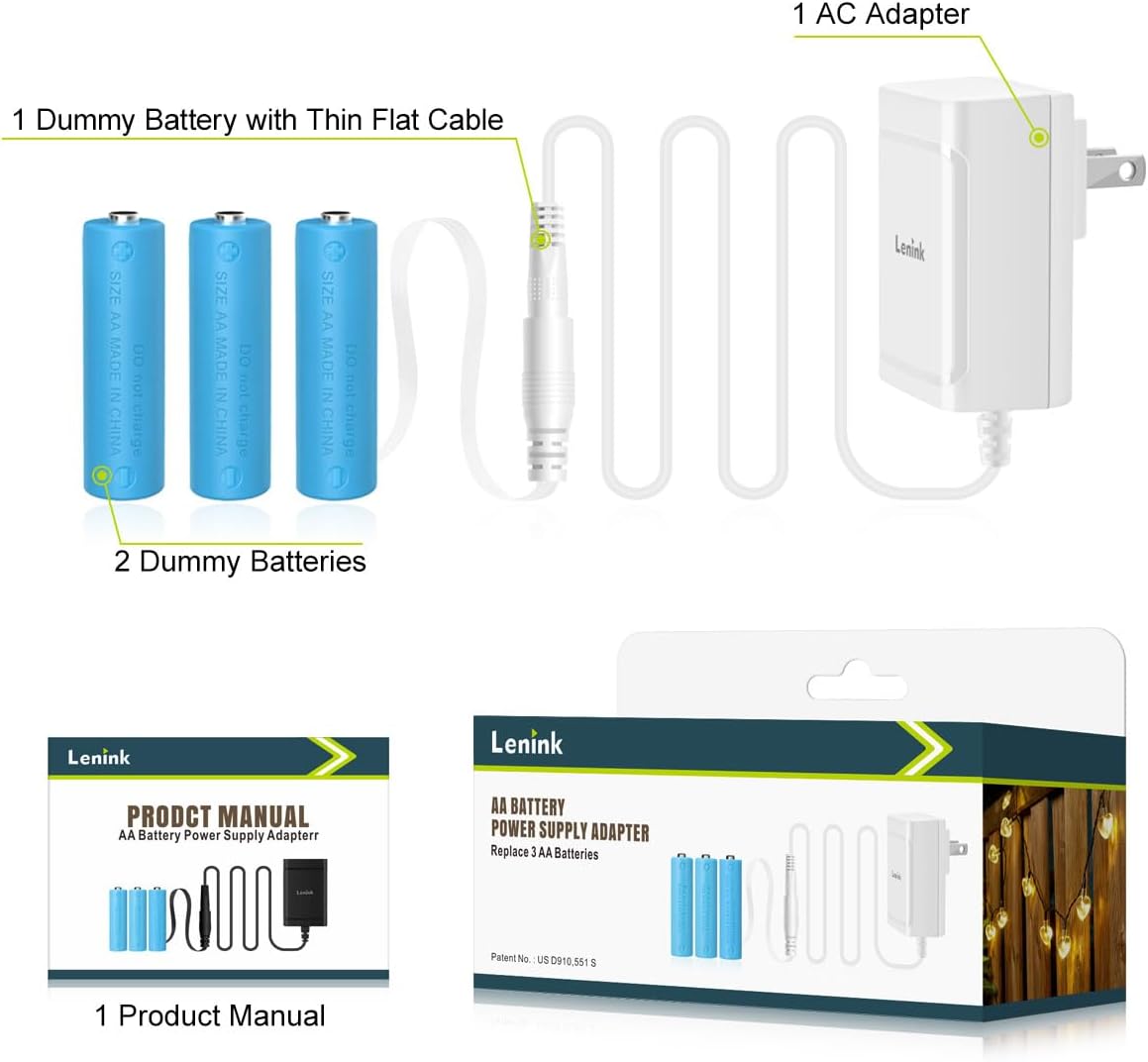Lenink AC Power Supply Adapter for 3 AA Battery, AA Battery Replacement Adapter for LED Light, Decorations (White)